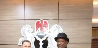 R-L: Hon. Minister of Aviation and Aerospace Development Festus Keyamo, SAN in a handshake with Brazilian Ambassador to Nigeria, Carlos Garcete during a courtesy visit to the Ministry.