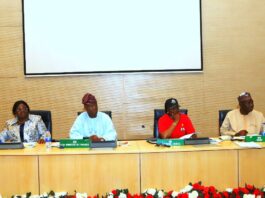 R-L : 1. Dr. Mohammed Ali, Director Home Finance, Federal Ministry of 2. Mrs Lydia Shehu Jafiya mni, Permanent Secretary, Federal Ministry of Finance, 3. Mr Wale Edun, OFR, Honourable Minister of Finance and Coordinating Minister of the Economy and 4. Dr. Oluwatoyin Sakirat Madein, Accountant-General of the Federation during the FAAC Meeting held at the Federal Ministry of Finance Headquarters, Abuja, today.