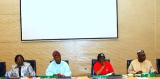 R-L : 1. Dr. Mohammed Ali, Director Home Finance, Federal Ministry of 2. Mrs Lydia Shehu Jafiya mni, Permanent Secretary, Federal Ministry of Finance, 3. Mr Wale Edun, OFR, Honourable Minister of Finance and Coordinating Minister of the Economy and 4. Dr. Oluwatoyin Sakirat Madein, Accountant-General of the Federation during the FAAC Meeting held at the Federal Ministry of Finance Headquarters, Abuja, today.