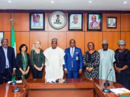 The UNICEF Deputy Executive Director Partnership, Ms. Kitty van der Heijden(3rd left), Minister of Budget and Economic Planning Senator Abubakar Atiku Bagudu, Permanent Secretary Budget and Economic Planning, Dr. Emeka Vitalis Obi mni, Director, Economic Growth, Mrs. Elizabeth Egharevba and other dignitaries during a courtesy visit to the Ministry, yesterday, in Abuja.
