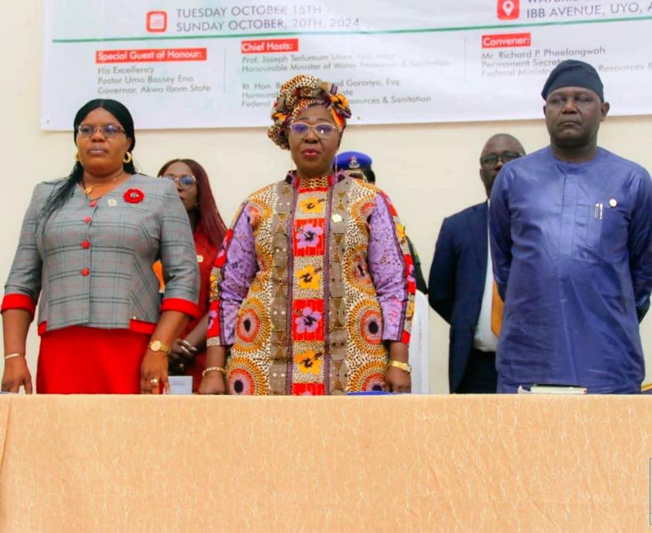 L-R: Akwa Ibom State Commissioner for Water Resources, Mrs. Enobong Mbobo, Akwa Ibom State Deputy Governor, Her Excellency, Sen.(Dr.) Akon Eyakenyi, the Permanent Secretary, Federal Ministry of Water Resources and Sanitation Richard Pheelangwah