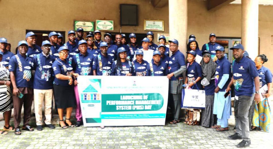 The Permanent Secretary of the Federal Ministry of Arts, Culture, and Creative Economy/Tourism, Ibiene Roberts, FNIM, OON, with the Directors and staff of the Ministries at the launch of the Performance Management System (PMS).