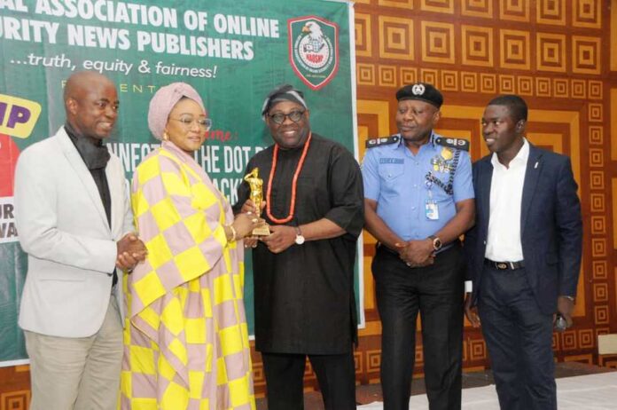 Identity Tracking 3 L-R: Matthew Ibadi, Minister of State for Police Affairs, Hajia Imaan Sulaiman Ibrahim, OVATION Boss, Dele Momodu; AIG Zone 2, AIG Adegoke Fayoade and President ((NAOSNP) Mr. Oki Samson during the National Association of Online Security News Publishers (NAOSNP) National Security Conference/ Awards 2024 With a theme: “Connecting the Dot Between Identity Tracking and National Security” at the Ballroom Oriental Hotel, Victoria Island, Lagos State, on Wednesday, October 9, 2024.