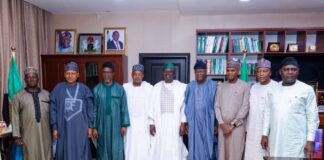 FROM LEFT TO RIGHT 1. Representative of the Minister of Works 2. Mohammed Idris Malagi, Minister of Information and National Orientation 3. Balarabe Abbas Lawal, Minister Environment 4. Abubakar Bagudu, Minister of Budget and Economic Planning 5. Engr. Prof. Joseph Terlumun Utsev, Minister of Water Resources & Sanitation 6. Wale Edun, Honorable Minister of Finance and Coordinating Minister of the Economy 7. Bello Muhammad Goronyo, Minister of State Water Resources & Sanitation 8. Abdullahi Tijjani Gwarzo, Minister of state for Housing and Urban Development 9. Mr. Richard Pheelangwah, Permanent Secretary, Federal Ministry of Water Resources and Sanitation