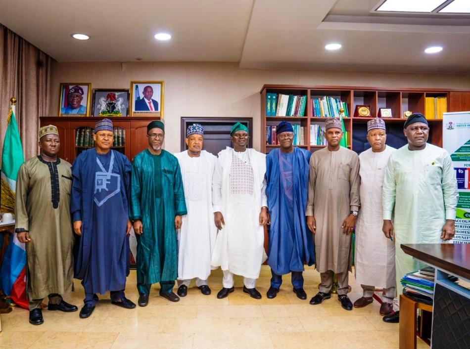 L-R: Representative of the Honourable Minister of Works David Umahi; Honourable Minister of Information and National Orientation Muhammed Idris, Honourable Minister of Environment, Balarabe Abbas Lawal; Honourable Minister of Budget and Economic Planning, Sen. Abubakar Atiku Bagudu; Honourable Minister of Water Resources and Sanitation, Engr. Prof. Joseph Terlumun Utsev; Honourable Minister of Finance and Coordinating Minister of the Economy, Mr Olawale Edun; Honourable Minister of State, Federal Ministry of Water Resources and Sanitation, Rt. Hon. Bello Muhammad Goronyo; Honourable Minister of State, Housing and Urban Development, Abdullahi Tijani Gwarzo; the Permanent Secretary, Federal Ministry of Water Resources and Sanitation Mr. Richard Pheelangwah