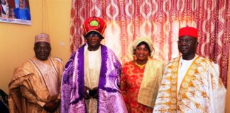 L-R: Brother of Celebrant Mr. Danladi Suleiman (Florida Based), His Royal Highness Luka Yakuwat Kogi and His Wife and Permanent Secretary, Ministry of Police Affairs, Mr. James Sule, Sardauna Kajju during the Royal Conferment on the Permanent Secretary by the Great Agwam Kajju II on Saturday, October 26, 2024, in Zonkwa, Zango Kataf Local Government Area, Kaduna State.