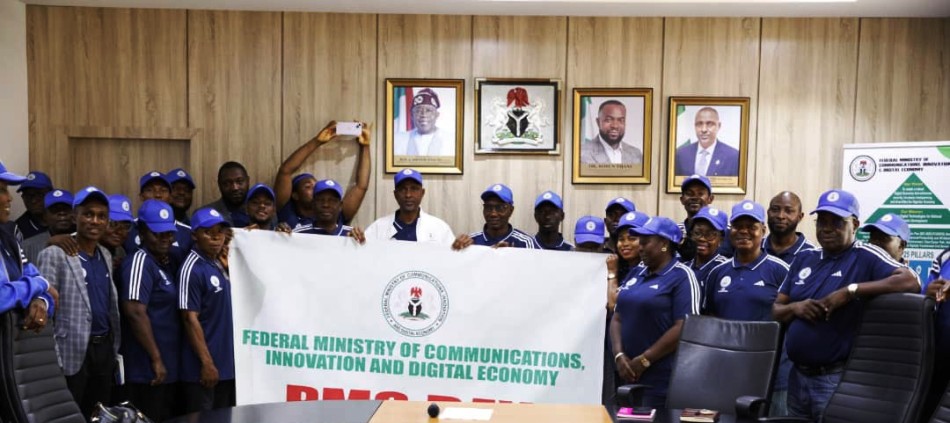 The Permanent Secretary Federal Ministry of Communications, Innovation and Digital Economy Engr. Faruk Yusuf Yabo in the middle of the picture with the PMS champions during the maiden Ministerial Performance Management Strategy Review Session of the PMS Day in his Conference Room, on the 24th of October, 2024 in Abuja.