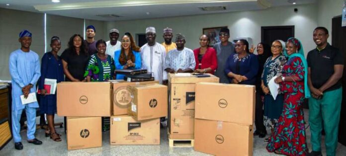 Ministry Of Women Affairs Receives ICT Equipment 4th from left, Director, Women Development, Mrs. Friya Bulus, Honourable Minister of Women Affairs, Barrister (Mrs) Uju Kennedy-Ohanenye and the National Project Coordinator, ACReSAL, AbdulHamid Umar when the latter visited the Ministry with his team