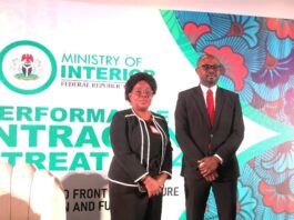 Samuel Anyanwu Attachments5:34 AM (13 hours ago) to me *MINISTRY OF INTERIOR* *PRESS RELEASE* *Ministry of Interior Holds Performance Contracting Retreat to Strengthen National Security* The Ministry of Interior commenced a two-day Performance Contracting Retreat on Monday, 28 October 2024, in Abuja aimed at aligning the Ministry’s agencies to meet critical national security objectives in line with the Presidential priority on security. The high-level gathering had in attendance the Honourable Minister of Interior, Dr. Olubunmi Tunji-Ojo, along with the Permanent Secretary, Dr. Magdalene Ajani, Directors of the Ministry and Heads of its Agencies. In his opening address, Dr. Tunji-Ojo emphasised the Ministry’s mission to fulfill the Renewed Hope Agenda championed by President Tinubu, which placed a strong emphasis on internal security as the bedrock of national stability and growth. "Our work is foundational to the future of Nigeria. Without security, we cannot discuss investment, tourism, industrialisation, or employment. This Ministry is a core pillar of national progress, and today’s gathering is about setting ambitious targets, holding ourselves accountable, and ensuring our collective efforts truly benefit Nigerians," the Minister explained. He highlighted the critical responsibilities of each agency within the purview of the Ministry . From the Nigerian Correctional Service (NCoS), which is tasked with transforming correctional facilities into centres of rehabilitation and hope, to the Nigerian Immigration Service (NIS), which must ensure rigorous border control and accountability for all foreign entrants, each agency plays an essential role in securing the nation's future. Dr. Tunji-Ojo further urged agency heads to implement transformative strategies within their respective fields. "Your efforts, no matter how small, are essential to building the ocean of security that Nigeria requires. This retreat is about reinforcing our shared mission and ensuring that every action contributes to a safer, more resilient Nigeria," he said. In her welcome remarks, Dr. Ajani reaffirmed the Ministry's commitment to fostering inter-agency collaboration and accountability. She highlighted the theme of the retreat, “United Front for a Secure Nation and Future,” as a clarion call to unify efforts across all agencies under the Ministry to deliver on the Presidential agenda. "Today’s retreat transcends formalities," said Dr. Ajani. "It’s a defining moment for our Ministry as we commit ourselves to set measurable targets that reflect our impact on the nation's security and well-being. We are signing more than just contracts; we are making a covenant of accountability with the Nigerian people." Each agency under the Ministry of Interior, is tasked with establishing key performance indicators that will drive their contributions to the Ministry’s overarching goals. Signed: Ozoya Imohimi Director, Press and Public Relations Department 28-10-24 L-R: Permanent Secretary, Ministry of Interior Dr. Magdalene Ajani and Minister of Interior, Dr. Olubunmi Tunji-Ojo at the Performance Contracting Retreat in Abuja.