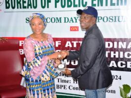 The National Coordinator/CEO SERVICOM Presidency, Mrs Nnenna Akajemili with the Director General, Bureau of Public Enterprises (BPE), Mr Ayodeji Ariyo Gbeleyi during the Symposium today.