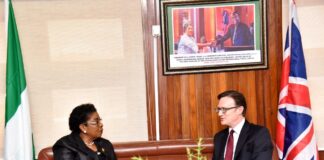 L-R: Head of the Civil Service of the Federation, Mrs Didi Esther Walson-Jack, OON, mni, British High Commissioner to Nigeria. His Excellency, Dr Richard Montgomery, during the latter’s visit to her office