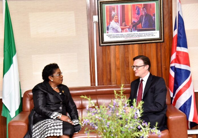 L-R: Head of the Civil Service of the Federation, Mrs Didi Esther Walson-Jack, OON, mni, British High Commissioner to Nigeria. His Excellency, Dr Richard Montgomery, during the latter’s visit to her office