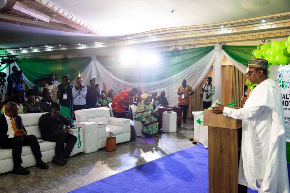 At @ the opening ceremony of the Maiden National Health Promotion Day organised by the Federal Ministry of Health & Social Welfare: The Honourable Coordinating Minister Prof Muhammad Ali Pate CON, addressing stakeholders and youths during the event.