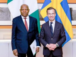 L-R Vice President Kashim Shettima and the Prime Minister of Sweden, H.E Ulf Hjalmar Kristersson during a Bilateral Meeting in Stockholm, Sweden on Friday, 18/10/2024.