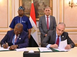 Nigeria’s Minister of Water Resources and Sanitation, Engr. Prof. Joseph Terlumun Utsev,(L) and Egypt’s Minister of Water Resources and Irrigation, Prof. Dr. Hani Sewilam,(R), signed a Memorandum of Understanding (MoU) to enhance cooperation in Water Resources Management.