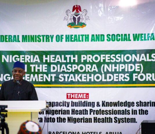 he Hon Minster of State for Health & Social Welfare Dr. Tunji Alausa addressing participants at the Nigeria Health Professionals in the Diaspora ( NHPIDE) Engagement Stakeholders Forum held today @ the Barcelona Hotel Wuse II Abuja.