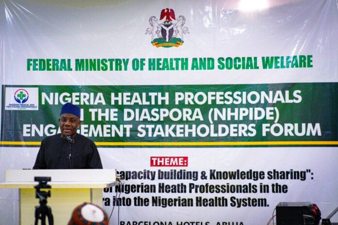 Nigerian Healthcare Professionals Abroad1 he Hon Minster of State for Health & Social Welfare Dr. Tunji Alausa addressing participants at the Nigeria Health Professionals in the Diaspora ( NHPIDE) Engagement Stakeholders Forum held today @ the Barcelona Hotel Wuse II Abuja.