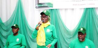 Permanent Secretary, Federal Ministry of Special Duties and Inter-governmental Affairs, Dr. Maryam Ismaila Keshinro, speaks at the PMS launch in Abuja. With her, providing full support is Director, PS Office, Dr. Abdul Garba (l) & Director, Policy Implementation and Monitoring of Government Decisions (PMIGD), Dr. Cyprian Kpakol (r)