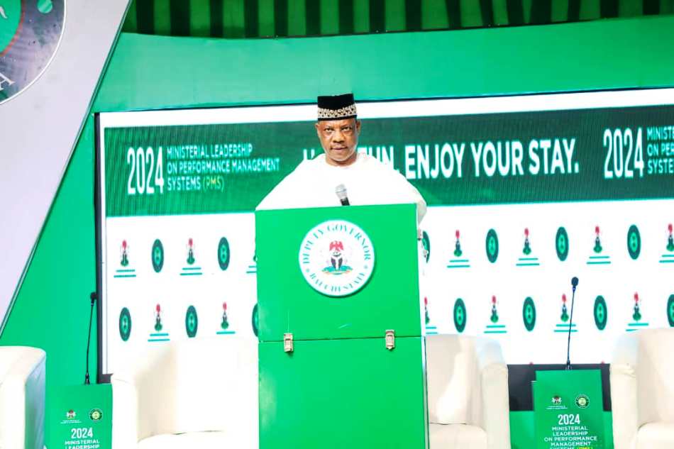 The Deputy Governor Bauchi State, Rt. Honourable Muhammad Auwal Jatau, addressing participants at the 2024 Ministerial Leadership Retreat On Performance Management Systems, organized by the Federal Ministry of Health & Social Welfare, in Bauchi State.