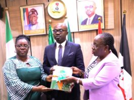 L-R: Dr. Uju Agomoh, President of Prisoners' Rehabilitation and Welfare Action (PRAWA); Dr. Olubunmi Tunji-Ojo, Hon. Minister of Interior and Dr. Magdalene Ajani, Permanent Secretary, Ministry of Interior during the submission of the phase one report of independent investigative panel on alleged corruption and other violations of SOP within NCoS