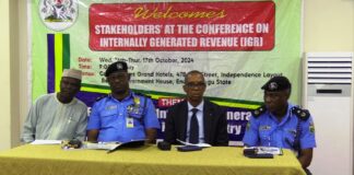 Deputy Director Budget (MPA), Kassim Joda, Representative of Commissioner of Police Enugu, DC Operations, DCP Olamitisoji Akinbamilayo, Director Finance & Accounts (MPA), Okehie Isaac Tochukwu, and Representative of Inspector General of Police, DCP Arotu Pere during the conference organized by the Ministry of Police Affairs with the theme “Evaluation of Internally Generated Revenue in the Ministry” held at the Carlton Swiss Grand Hotels, Enugu.
