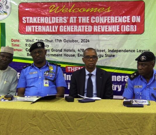 Deputy Director Budget (MPA), Kassim Joda, Representative of Commissioner of Police Enugu, DC Operations, DCP Olamitisoji Akinbamilayo, Director Finance & Accounts (MPA), Okehie Isaac Tochukwu, and Representative of Inspector General of Police, DCP Arotu Pere during the conference organized by the Ministry of Police Affairs with the theme “Evaluation of Internally Generated Revenue in the Ministry” held at the Carlton Swiss Grand Hotels, Enugu.