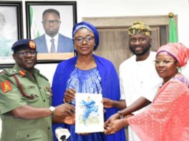 From left: Director-General, National Youth Service Corps (NYSC), Brig. -Gen. Yusha'u Ahmed; Minister of Youth Development, Dr Jamila Bio-Ibrahim; Chairman of the NYSC Reforms Committee, Kabir Oyekunle; and the Deputy Chairman, NYSC Reforms Committee, Mrs Bintu Garba, during the submission of the NYSC Reforms Committee report to the Minister in Abuja on Tuesday (8/10/24).