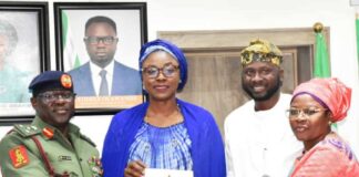 From left: Director-General, National Youth Service Corps (NYSC), Brig. -Gen. Yusha'u Ahmed; Minister of Youth Development, Dr Jamila Bio-Ibrahim; Chairman of the NYSC Reforms Committee, Kabir Oyekunle; and the Deputy Chairman, NYSC Reforms Committee, Mrs Bintu Garba, during the submission of the NYSC Reforms Committee report to the Minister in Abuja on Tuesday (8/10/24).