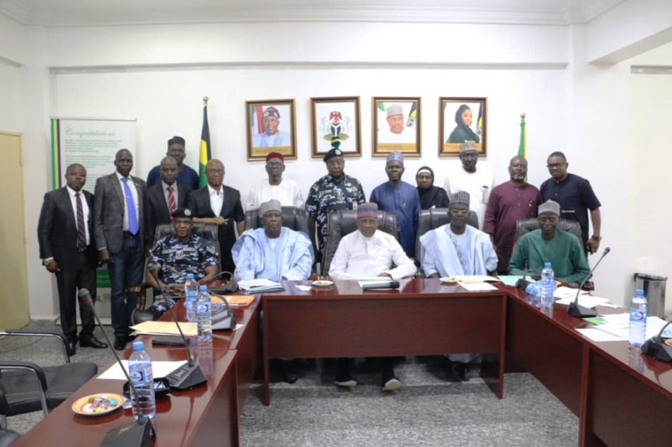 Group Seated L-R: DIG Training and Development, DIG Frank Mba, Chairman Police Service Commission, DIG Hashimu S. Argungu (RTD), Minister of Police Affairs, Ibrahim Gaidam; Permanent Secretary, Mr. James Sule; Director, Human Resource Management, Simon Stephen (Standing )CP Sulaiman Balarabe (RTD); Forty Njoku Kalu (PSC; Deputy Director (Information & Public Relations), Bolaji O. Kazeem; Registrar (POLAC), Dr. Ekpere F. Ezeugwu; Provost POLAC, Professor Salisu A. Abdullahi; Commandant (POLAC), AIG Sadiq I. Abubakar and others during a stakeholders Meeting on Admission for Regular Course 11 2024/2025 Academy Session of the Nigeria Police Academy held at the Headquarter of the Ministry of Police Affairs in Abuja.