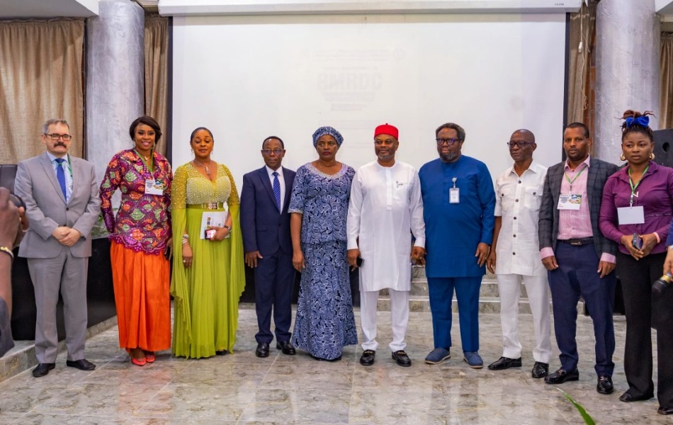 Hon. Minister of Innovation, Science and Technology, Chief Uche Geoffrey Nnaji (5th left) Permanent Secretary, Federal Ministry of Innovation, Science and Technology, Mrs. Esuabana Nko Asanye (5th left) Director-General, Raw Materials Research and Development Council (RMRDC) Prof. Nnanyelugo Martin Ike-Muonso (4th right) representative of African Development Bank (AfDB), Prof. Alfred Cubana (4th left) and others at the RMRDC Programme Presentation and Dialogue Session with Development Partners, Diplomatic Communities and Business Councils 2024 Edition, held in Abuja.