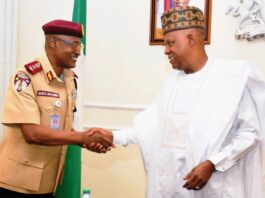 Vice President Kashim Shettima is with the Federal Road Safety Corps (FRSC) Corps Marshal, Shehu Mohammed