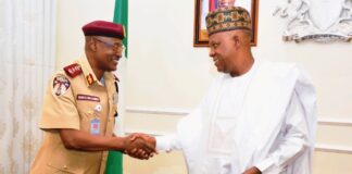 Vice President Kashim Shettima is with the Federal Road Safety Corps (FRSC) Corps Marshal, Shehu Mohammed