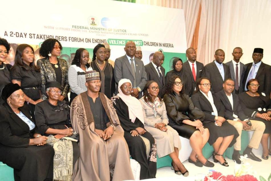 Solicitor General of the Federation and Permanent Secretary, Federal Ministry of Justice, Mrs. Beatrice Jedy-Agba, OON, mni, in a group photograph with Director,Public Prosecution of the Federation, Abubakar Mohammed, Director, Administration of Criminal Justice and Reforms Department, Leticia Ayoola-Daniels, Judges,Child Protection Manager UNICEF, Mona Aika, Etsu of Kwali/Chairman Council of Chiefs, HRH Luka Ayedoo and other Participants at a 2- Day Stakeholders Forum on Ending Violence against Children in Nigeria at Abuja Continental Hotel. 7/10/2024