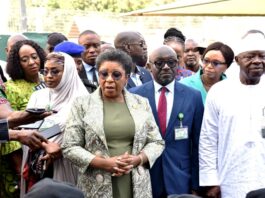 Head of the Civil Service of the Federation, Mrs Didi Esther Walson-Jack OON, mni during the inspection visit to the Ansar- ur- Deen Resource Centre., Maitama, Abuja, one of the Venues of the Compro Examination held, Wednesday, 2nd October, 2024