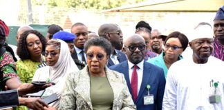 Head of the Civil Service of the Federation, Mrs Didi Esther Walson-Jack OON, mni during the inspection visit to the Ansar- ur- Deen Resource Centre., Maitama, Abuja, one of the Venues of the Compro Examination held, Wednesday, 2nd October, 2024