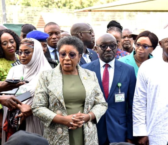 Head of the Civil Service of the Federation, Mrs Didi Esther Walson-Jack OON, mni during the inspection visit to the Ansar- ur- Deen Resource Centre., Maitama, Abuja, one of the Venues of the Compro Examination held, Wednesday, 2nd October, 2024