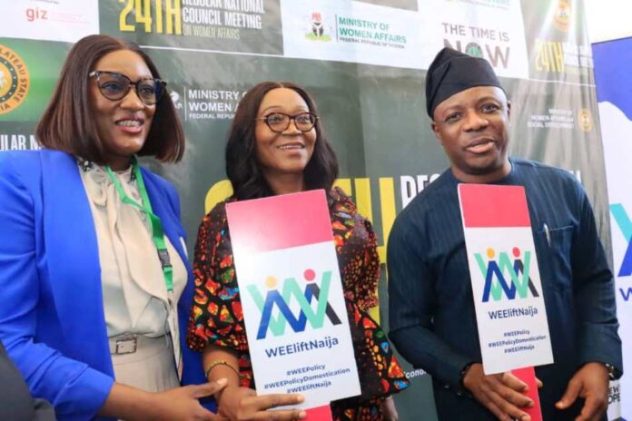 Wee Policy To Drive Women Empowerment In The Country2 R-L: Ambassador Gabriel Aduda, Perm Sec, Federal Min of Women Affairs, Mrs. Blessing Anunike, Director, Economic Services Dept and Mrs. Rinmicit Temlong-Aboki, Gender Lead, Albright Stonebridge Group at the Policy Dialogue on the Domestication of the Women's Economic Empowerment Policy (WEE) held at the 24th National Council Meeting in Jos, Plateau State