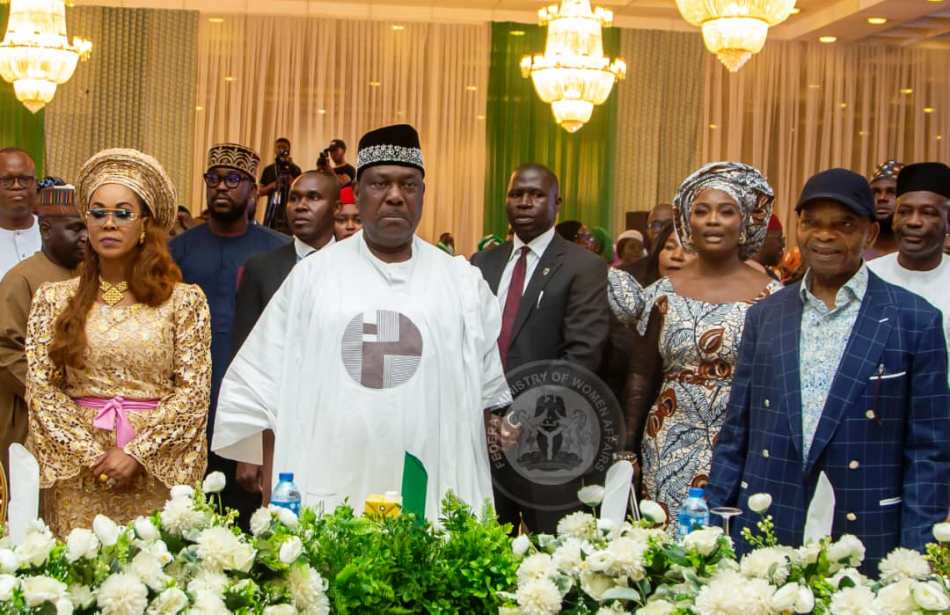 Representative of President Bola Ahmed Tinubu, Senator George Akume/Secretary to the Government of the Federation, at the Fund-Raising Program for Women Empowerment in Nigeria. He is flanked to the right by the Honourable Minister of Women Affairs, Barrister (Mrs) Uju Kennedy-Ohanenye and to the left by Nigerian Oil Mogul, Chief Arthur Eze