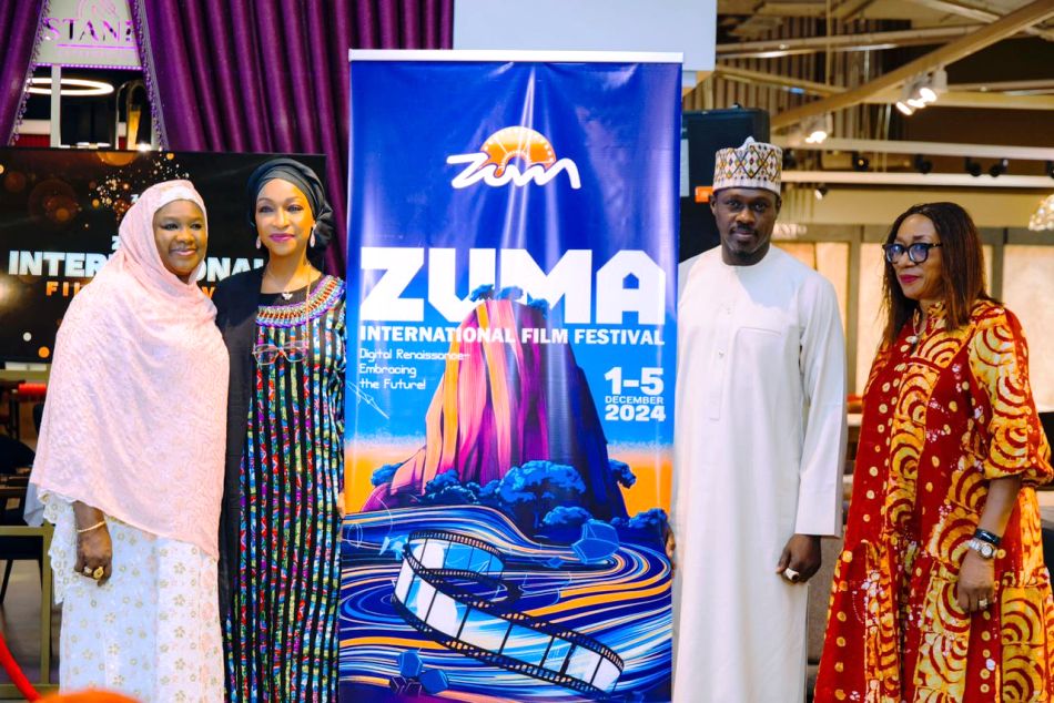 L-R: Dr Mariya Mahmoud Minister of State for FCT, Hannatu Musa Musawa Minister of Art, Culture and Creative Economy and Managing Director of the Nigerian Film Corporation, Lola Ade-John Minister of Tourism at the ZUMA International Film Festival Press conference to officially unveil the LOGO for 2024 Festival.