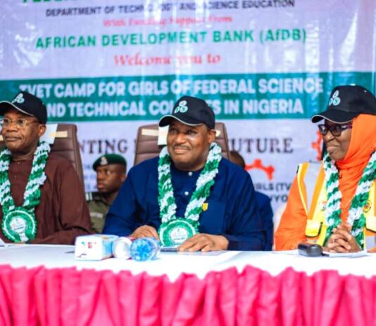 L- Hon Minister of Education, Prof Tahir Mamman OON SAN The Permanent Secretary Dr Nasir Sani- Gwarzo mni NPOM FWACP and the Director Technology and Science Education,Dr Mrs Muyibat Adenike Olodo during the closing ceremony of the maiden edition of the TVET Camp for Girls in the 29th FTSC,held at FSTC Uyo