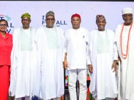 L-R: Permanent Secretary FMoH&SW, Kachollom Daju mni; Senator Banigo Ipalebo, Chairman Senate Committee on Health; Dr. Iziaq Adekunle Salako, Hon. Minister of State FMoH&SW; Coordinating Minister for Health & Social Welfare Prof. Muhammad Ali Pate; Chairman Progressive Governors & Executive Governor Imo State, Senator Hope Uzodinma; Dr. Tunji Alausa, Hon. Minister of Education & HRM (DR) Olufolarin Ogunsanwo, Alara of Ilara Kingdom, Epe Division, Lagos State: @ the Opening ceremony of the Joint Annual Review Conference/Meeting.