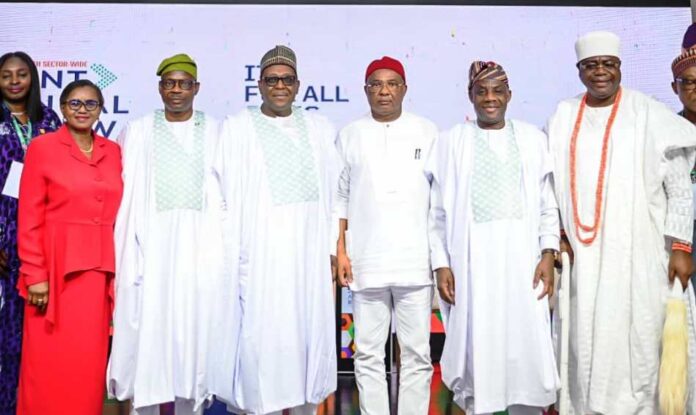 2024 JOINT ANNUAL REVIEW2 L-R: Permanent Secretary FMoH&SW, Kachollom Daju mni; Senator Banigo Ipalebo, Chairman Senate Committee on Health; Dr. Iziaq Adekunle Salako, Hon. Minister of State FMoH&SW; Coordinating Minister for Health & Social Welfare Prof. Muhammad Ali Pate; Chairman Progressive Governors & Executive Governor Imo State, Senator Hope Uzodinma; Dr. Tunji Alausa, Hon. Minister of Education & HRM (DR) Olufolarin Ogunsanwo, Alara of Ilara Kingdom, Epe Division, Lagos State: @ the Opening ceremony of the Joint Annual Review Conference/Meeting.