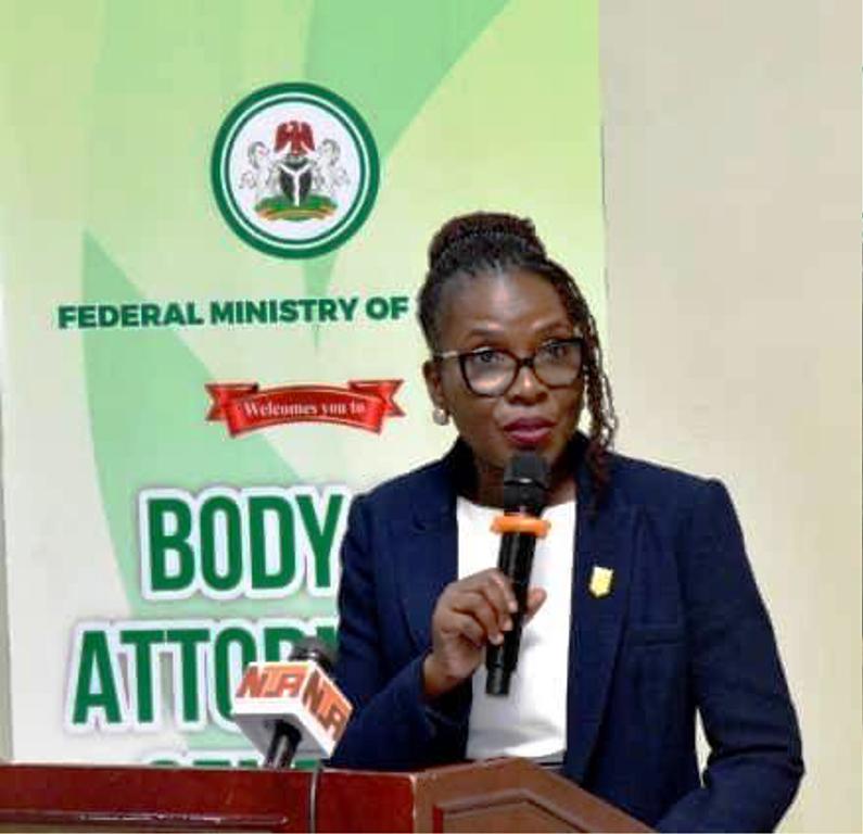 Solicitor General of the Federation and Permanent Secretary, Federal Ministry of Justice, Beatrice Jedy- Agba, OON, mni reading her welcome address at the meeting of the Body of Attorneys - General at Rock View Hotel 14/11/2024