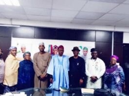 Middle: Hon. Minister of State for Health & Social Welfare Dr. Iziaq Adekunle Salako; on his right is Professor Ahmed Ahidjo Chief Medical Director, University of Maiduguri Teaching Hospital and his left: Chairman, National Tertiary Health Institutions Standard Committee, Professor Philip Abiodun: 2nd Right is Dr. Salaudeen Jimoh mni; Director Hospital Services Department of the Ministry.