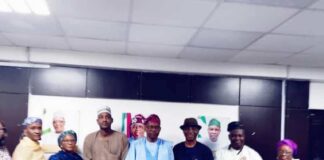 Middle: Hon. Minister of State for Health & Social Welfare Dr. Iziaq Adekunle Salako; on his right is Professor Ahmed Ahidjo Chief Medical Director, University of Maiduguri Teaching Hospital and his left: Chairman, National Tertiary Health Institutions Standard Committee, Professor Philip Abiodun: 2nd Right is Dr. Salaudeen Jimoh mni; Director Hospital Services Department of the Ministry.