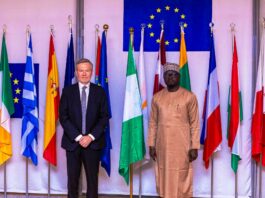L-R: Ambassador-Designate of the EU and ECOWAS, Mr. Gautier Mignot and the Honourable Minister, Federal Ministry of Youth Development, Comrade Ayodele Olawande, during the visit to the EU Embassy in Abuja, recently.