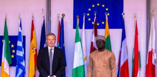 L-R: Ambassador-Designate of the EU and ECOWAS, Mr. Gautier Mignot and the Honourable Minister, Federal Ministry of Youth Development, Comrade Ayodele Olawande, during the visit to the EU Embassy in Abuja, recently.