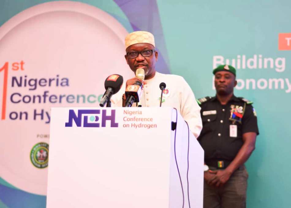 Honourable Minister of State Petroleum Resources (Gas) Rt. Hon. Ekperikpe Ekpo delivering his address at the First International Hydrogen Conference in Abuja.