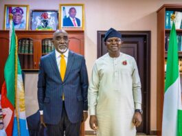 The Honourable Minister of Water Resources and Sanitation, Engr. Prof. Joseph Terlumun Utsev (R) and Mr. Kamar Bakrin, Executive Secretary of the Nigerian Sugar Development Council (L)during the Courtesy Visit today in Abuja