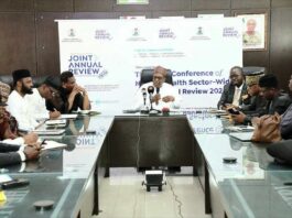 Ministerial Press Briefing on Forthcoming Joint Annual Review JAR meeting: Prof Muhammad Ali Pate Coordinating Minister for Health & Social Welfare addressing Journalists during the Briefing session held 6th Floor Conference Room @ the FMoH & SW Headquarters Office, Abuja: On his right is Dr Olubunmi Aribeana Director Food & Drugs Department, representing Permanent Secretary; On his Left; Dr. Kamil Shoretire, Director Health Planning Research & Statistics Department.